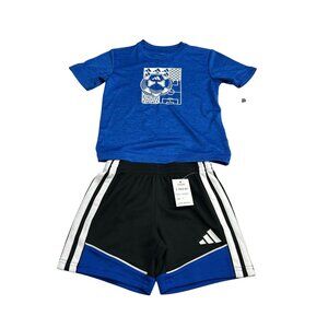 Adidas Boys 2-Piece Set Size 4 Brite Blu Shirt & Black/Blue Shorts Activewear
